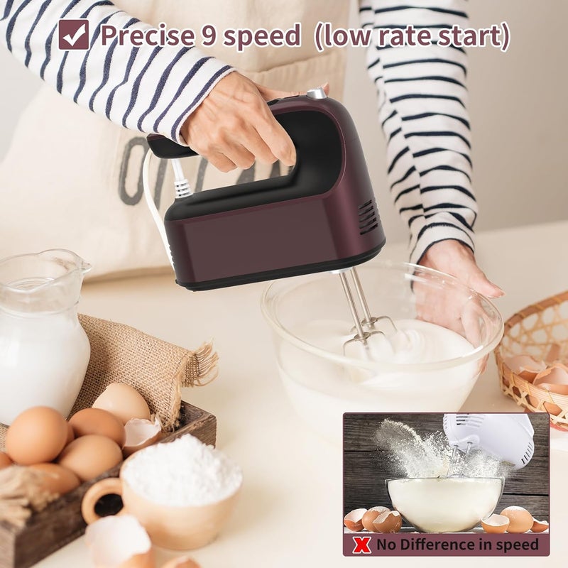 Yomelo 9-Speed Digital Hand Mixer Electric, 400W Powerful DC Motor, Hand Mixer Electric Handheld with Snap-On Storage Case, 5 Stainless Steel Accessories, Beaters, Dough Hooks, Whisk(Grape Purple) - Image 4